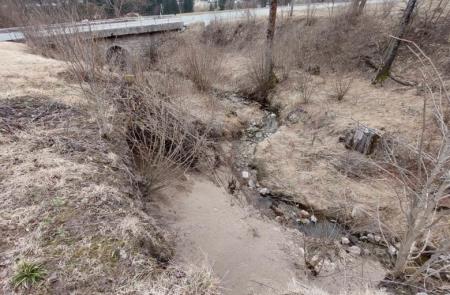 Odsek A - pogled dolvodno na odsek struge pred vtokom v prepust pod reg. cesto ter usad pri  profilu P3